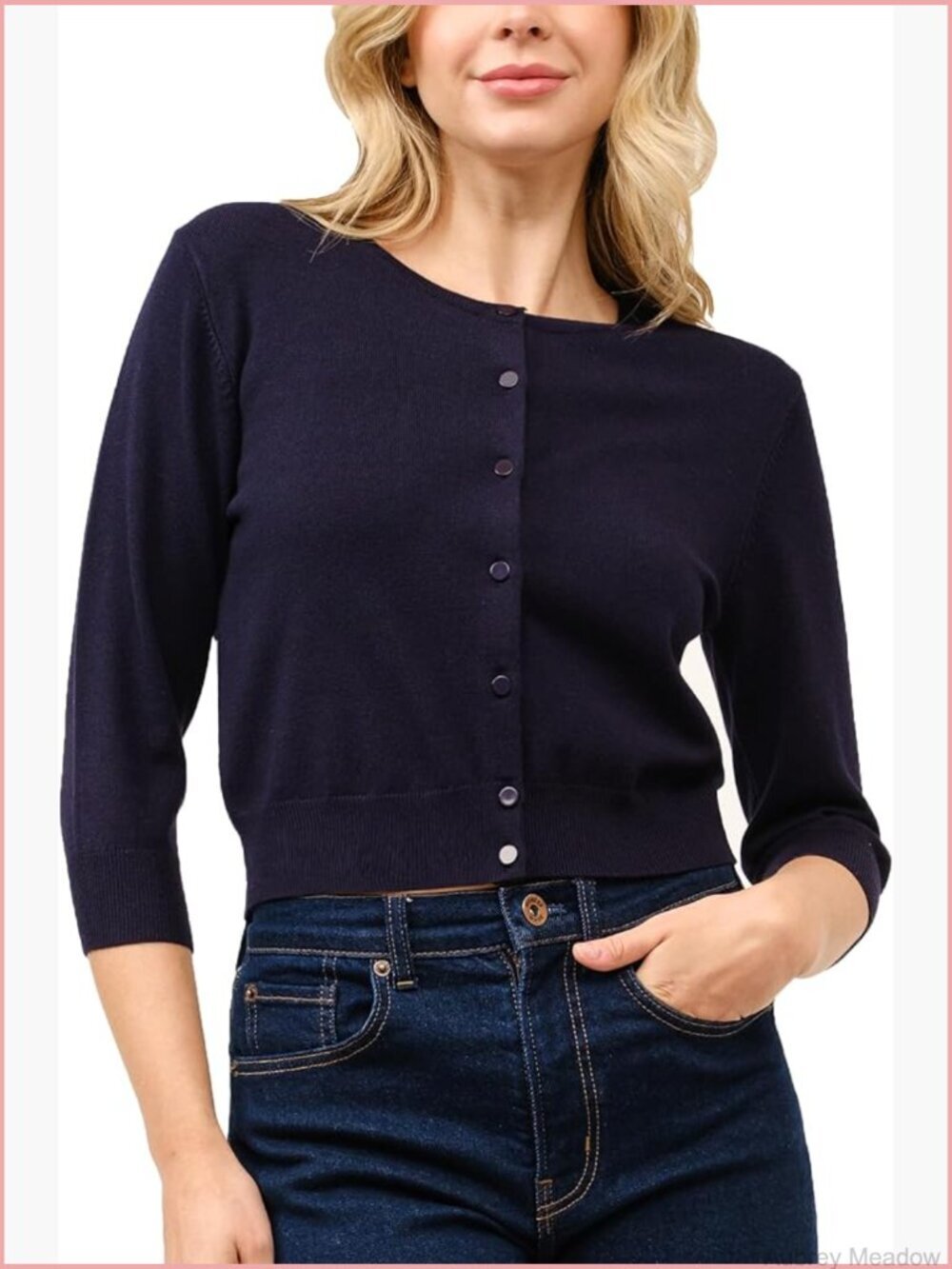 Cropped Cardigan 3/4 Sleeve Crewneck Button Up Sweater Knit Top Size S-XL